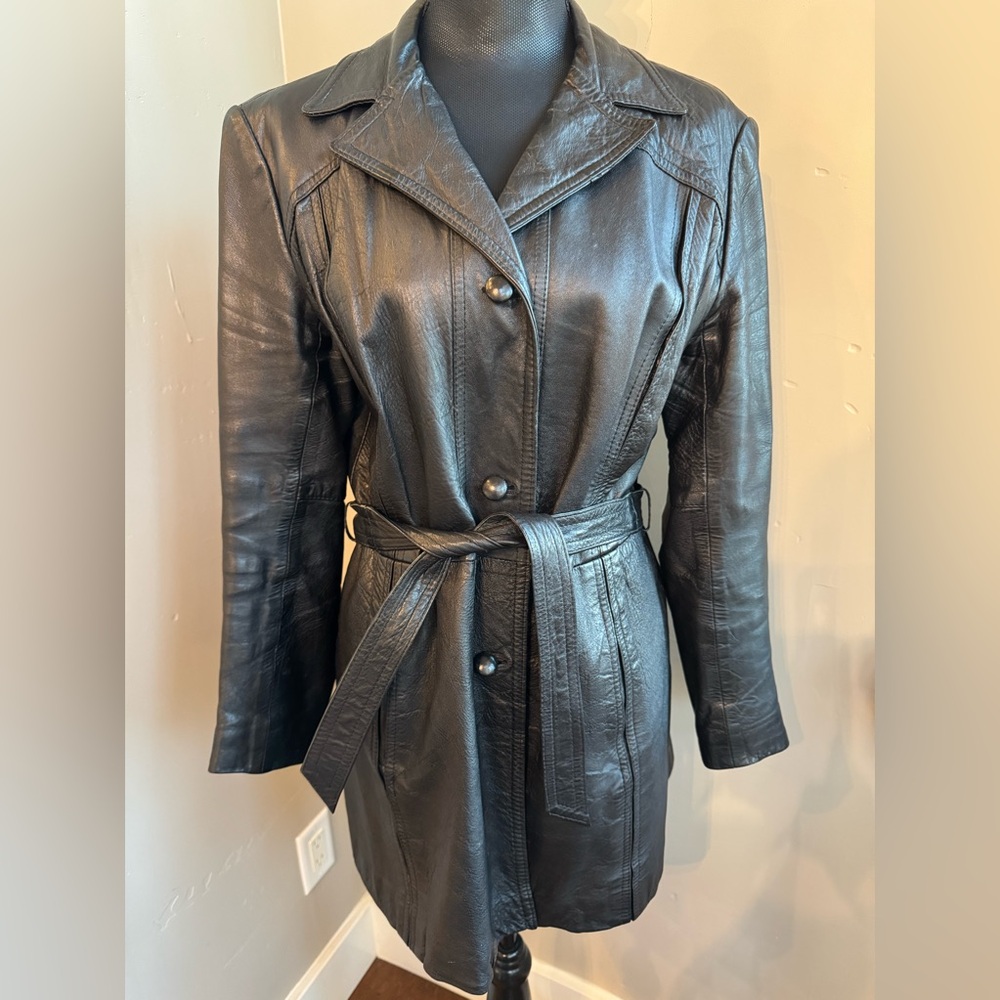 Vintage Outlook Fashions Black Belted Leather Jacket Women’s Size Large